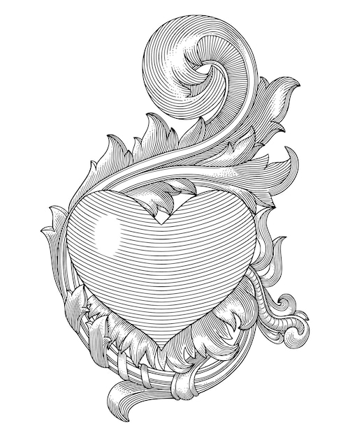 Corazón con diseño ornamental floral ilustración de estilo de dibujo de grabado vintage