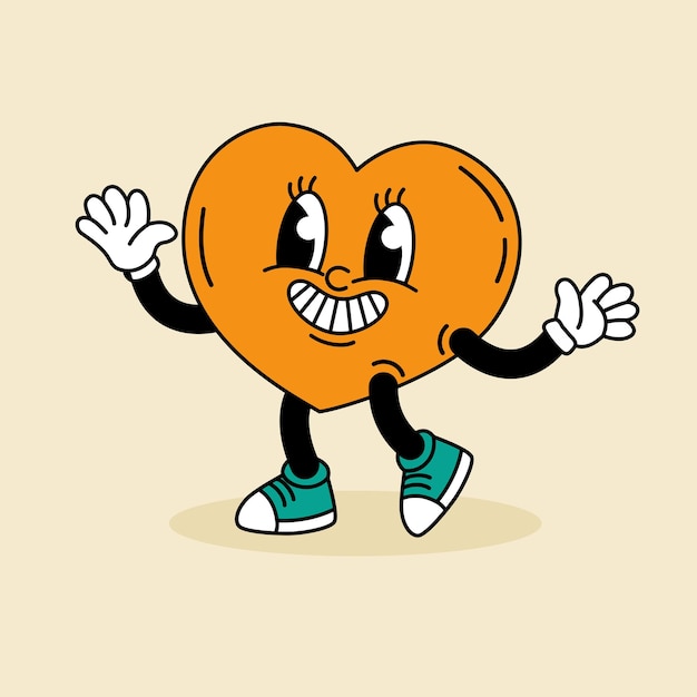 Corazón divertido en el estilo groove retro s personaje de dibujos animados impresión de ilustración vectorial