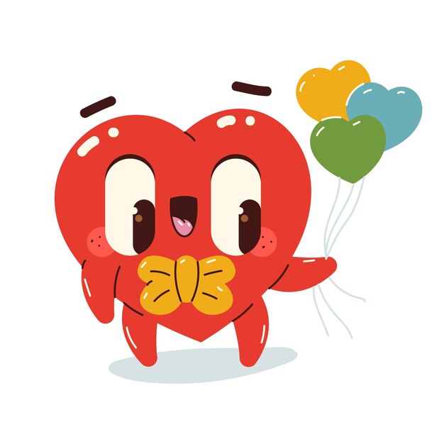 Corazón divertido con globos vector personaje de dibujos animados aislado en un fondo blanco