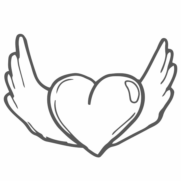 Corazón de Doodle con alas ilustraciones dibujadas a mano por vectores aisladas sobre fondo blanco