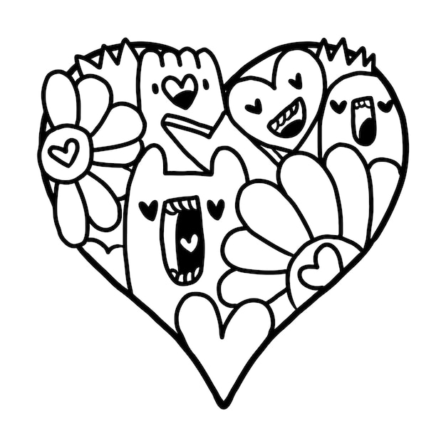 Vector corazón doodle lindo san valentín página para colorear