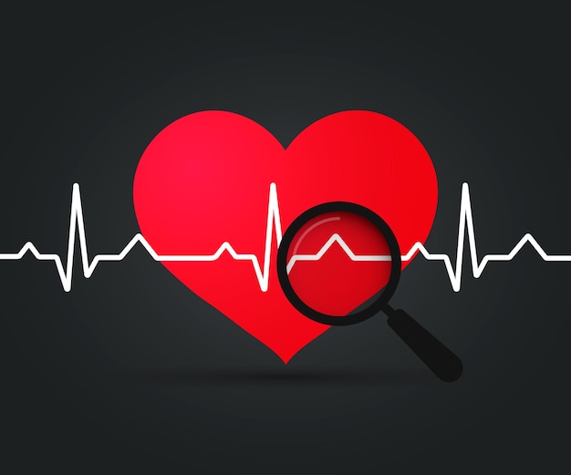 Corazón de Ekg. Símbolo del latido del corazón y lupa. Diseño médico, pulso del corazón sobre fondo oscuro