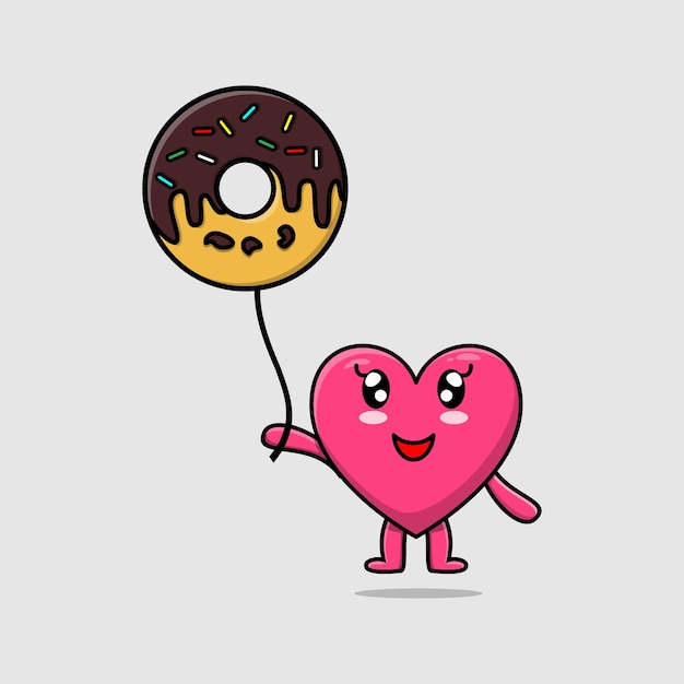 Vector corazón encantador de dibujos animados flotando con globo de donas