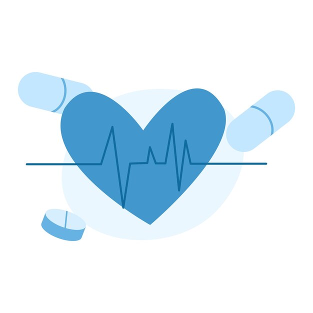 Un corazón enorme con una línea de latidos cardíacos y pastillas voladoras cerca de la prevención de enfermedades cardíacas
