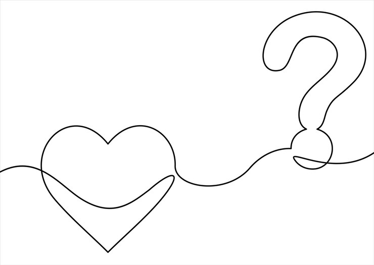 Vector el corazón es un signo de interrogación, el concepto de amor es un problema, la ilustración de la línea continua es un vector de línea.