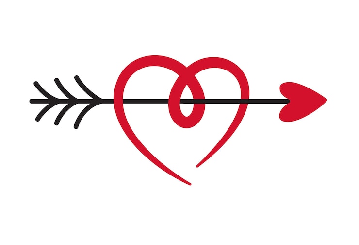 Vector corazón estilizado perforado por una flecha estilo plano de garabateo símbolo de amor tarjetas de san valentín