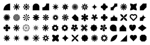 Corazón de estrella de forma orgánica floral de margarita y otros elementos en un moderno estilo brutal y juguetón Flujo negro