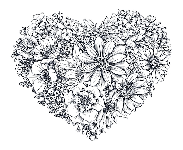Corazón floral. flores y plantas de primavera dibujadas a mano. Monocromo