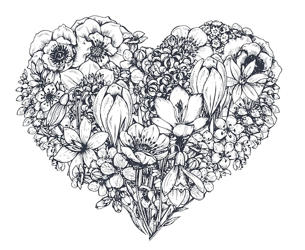 Corazón floral. flores y plantas de primavera dibujadas a mano. Monocromo