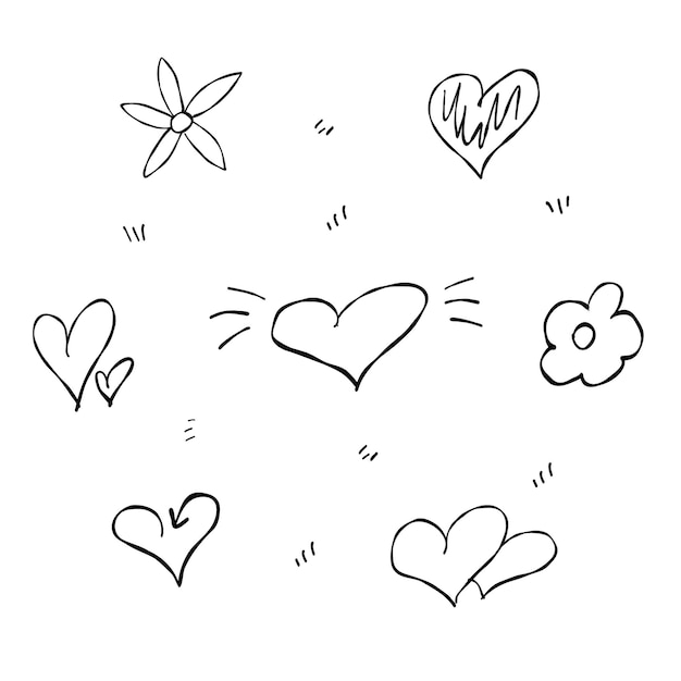 Corazón flores amor set doodle dibujado a mano