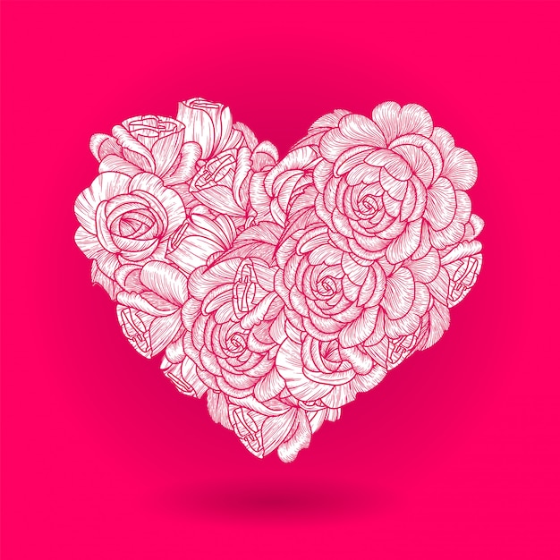 Corazón de flores dibujando hermosas flores rosas.