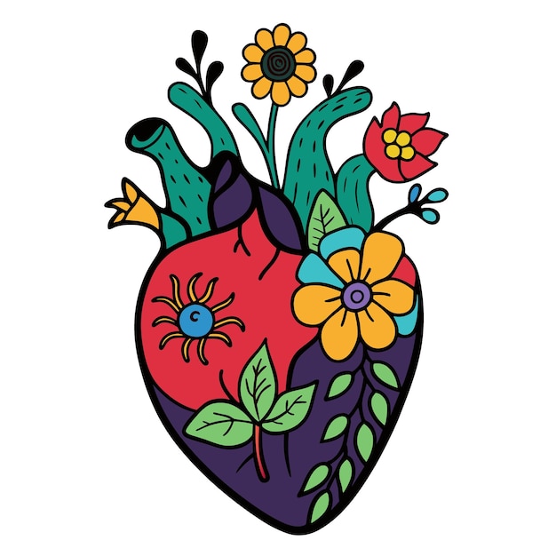 un corazón con flores y un pájaro en él