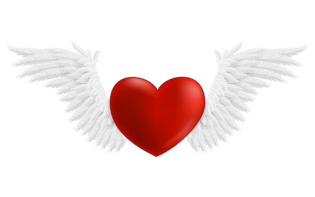 Corazón flotando con alas, ilustración aislada sobre fondo blanco