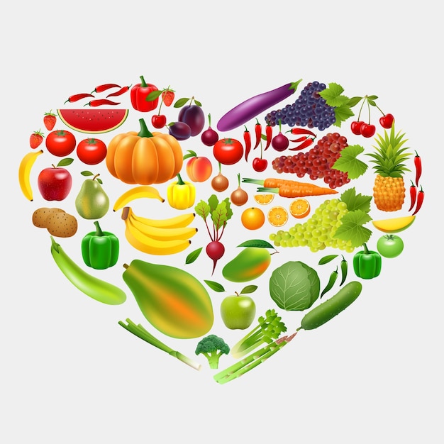 Corazón de frutas y verduras con cinta azul