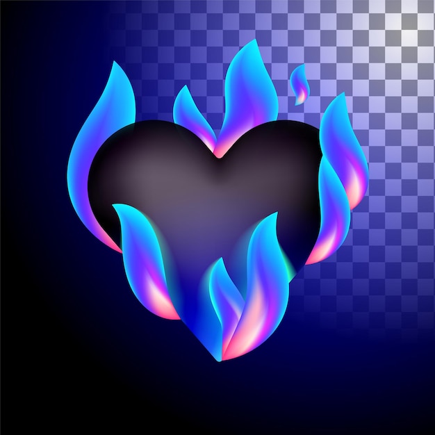 Corazón en fuego emoji caliente Corazón ardiente negro con fuego en una ilustración de vector de fondo negro