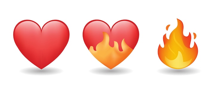Vector el corazón en fuego y la llama de fuego emoji conjunto de ilustración vectorial aislado en fondo blanco