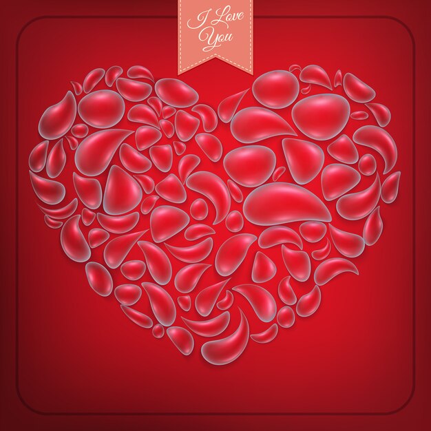 Corazón de gotas de agua sobre fondo rojo