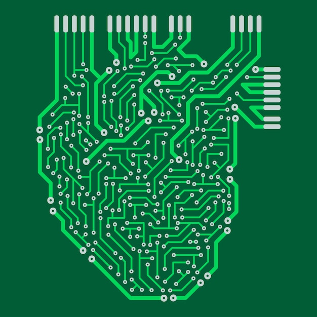 El corazón humano en forma de circuito electrónico. el patrón decorativo está estilizado como una placa de circuito eléctrico verde.