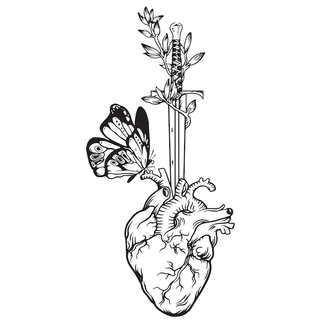 Corazón humano con mariposa Ilustración vectorial en blanco y negro Diseño de tatuaje