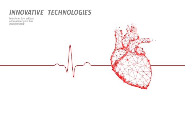 Corazón humano sano late modelo de medicina 3d bajo poli. los puntos conectados al triángulo brillan en rojo. pulso cuerpo interno forma anatómica moderna tecnología innovadora render ilustración vectorial