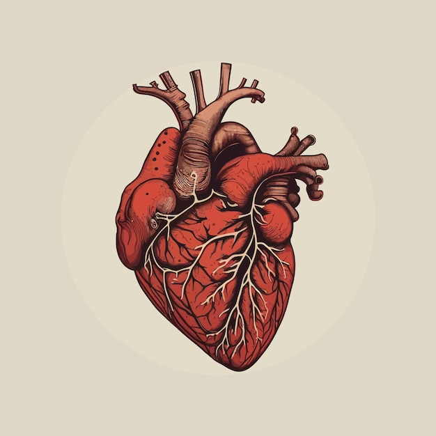 corazón humano, con, venas, y, arterias, vector, ilustración, en, vendimia, estilo