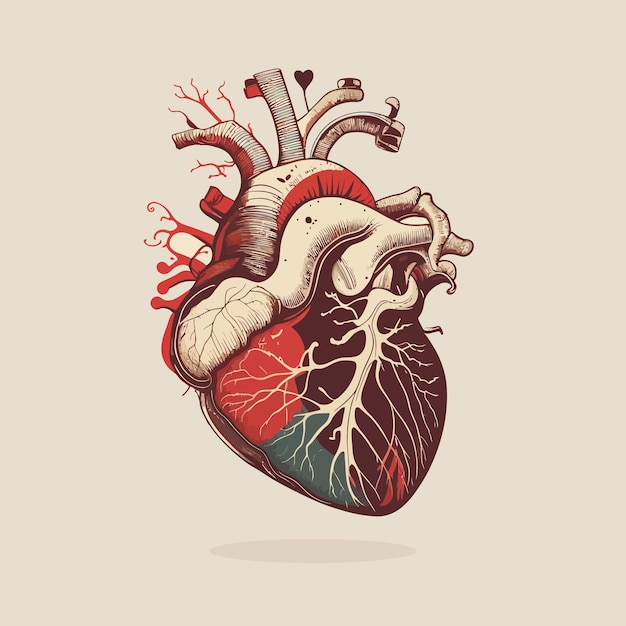Vector corazón humano, con, venas, y, arterias, vector, ilustración, en, vendimia, estilo