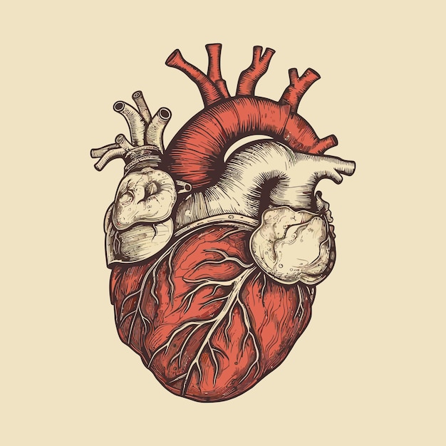 Vector corazón humano, con, venas, y, arterias, vector, ilustración, en, vendimia, estilo