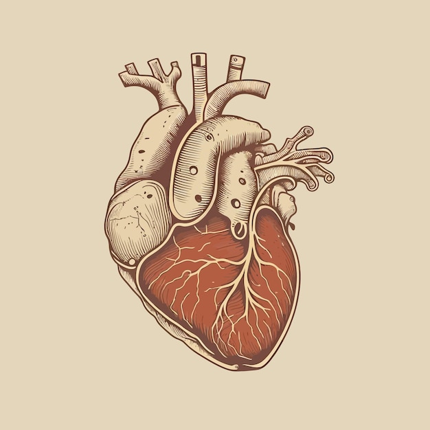 Corazón humano, con, venas, y, arterias, vector, ilustración, en, vendimia, estilo