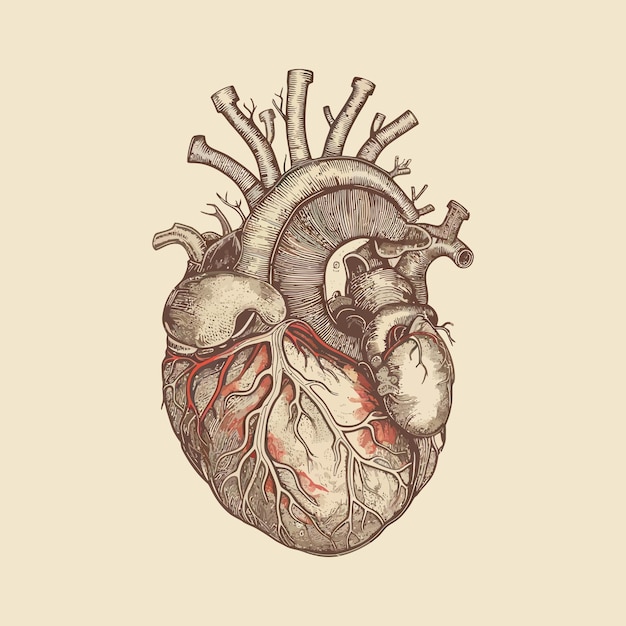 corazón humano, con, venas, y, arterias, vector, ilustración, en, vendimia, estilo