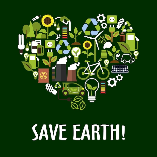 Vector corazón con iconos de reciclaje de energía de ahorro de ecología