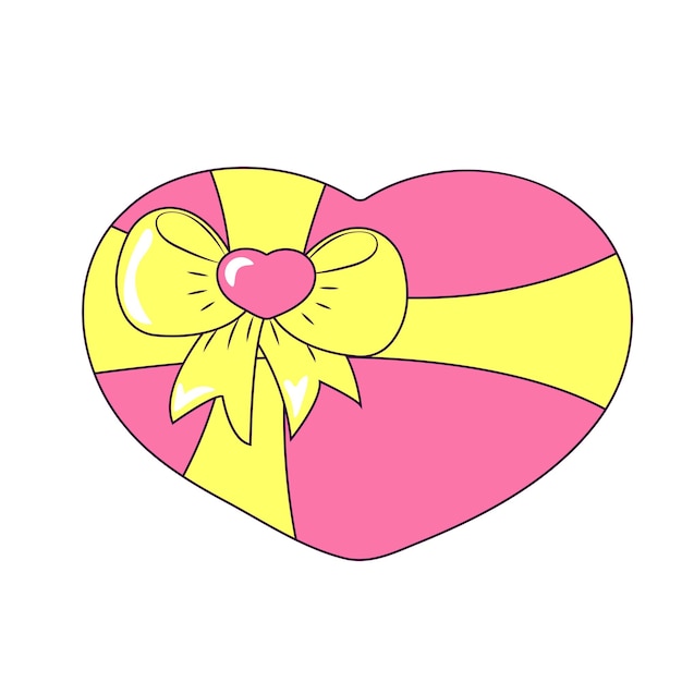 Corazón con un lazo amarillo festivo una caja de bombones para el día de san valentín