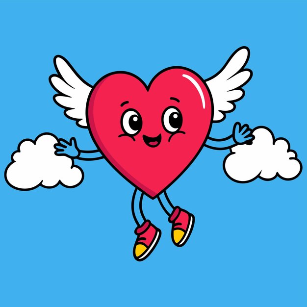 Corazón lindo, alas de amor de ángel, pegatina dibujada a mano, icono de concepto, ilustración aislada