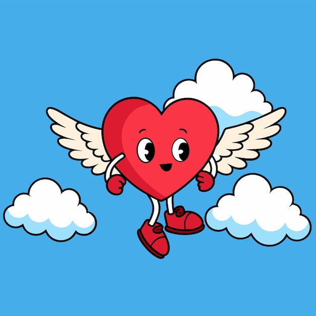 Corazón lindo, alas de amor de ángel, pegatina dibujada a mano, icono de concepto, ilustración aislada