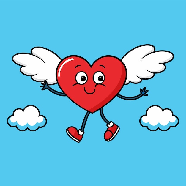 Vector corazón lindo, alas de amor de ángel, pegatina dibujada a mano, icono de concepto, ilustración aislada