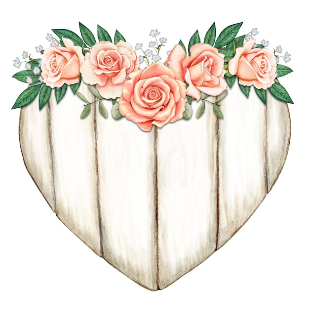 Corazón de madera acuarela con rosas rosadas
