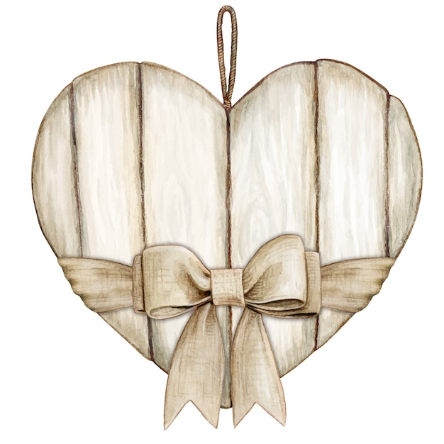 Corazón de madera blanco rústico shabby chic acuarela con lazo