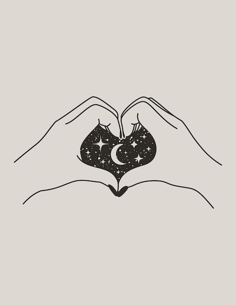 Corazón de mano femenina mística con luna y estrellas en estilo boho de moda. Vector Palm Icon para impresión de pared, camiseta, diseño de tatuaje, para publicaciones en redes sociales e historias