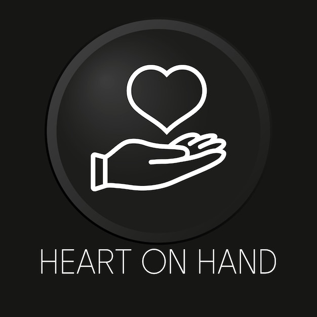 Corazón en mano icono de línea de vector mínimo en botón 3D aislado sobre fondo negro Vector Premium