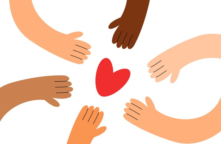 Vector corazón y manos de diferentes tonos de piel de razas multiétnicas gente multirracial ilustración vectorial plana