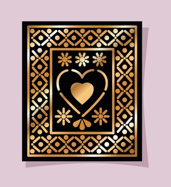 Corazón mexicano de oro y negro en el diseño del marco.