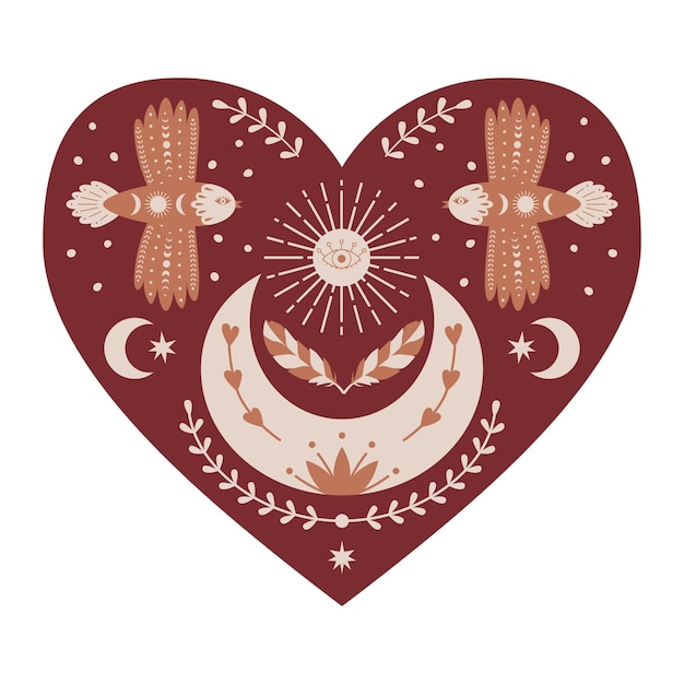 Corazón místico simétrico con pájaros luna creciente ramitas plumas de sol elemento decorativo para el diseño de empaque de tarjetas de san valentín ilustración de vector de color aislado en un fondo blanco