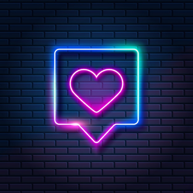 Corazón de neón en bocadillo sobre fondo de pared de ladrillo oscuro. Brillando como símbolo en el marco, ilustración vectorial