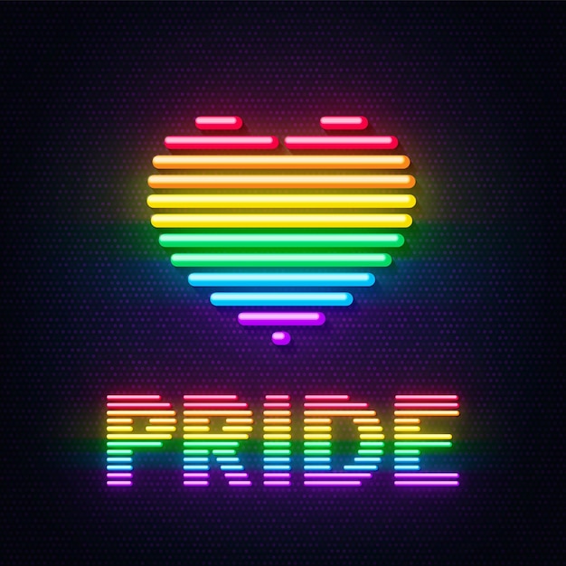 Vector corazón de neón y inscripción de orgullo pintado en los colores de la comunidad lgbt en un fondo oscuro signo de amor de arco iris brillante