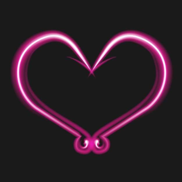 Corazón de neón rosa brillante sobre fondo negro. Ganchos en forma de corazón. Amor por la pesca. Muestra eléctrica brillante del día de San Valentín. Ilustración de vector.