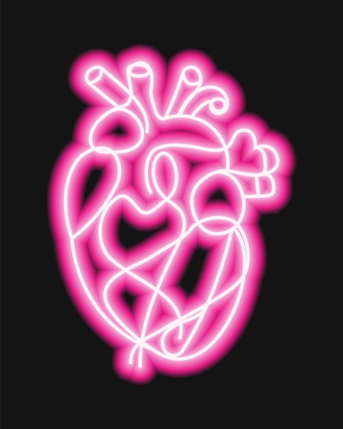 Corazón de neón rosa órgano humano en ilustración vectorial de fondo negro