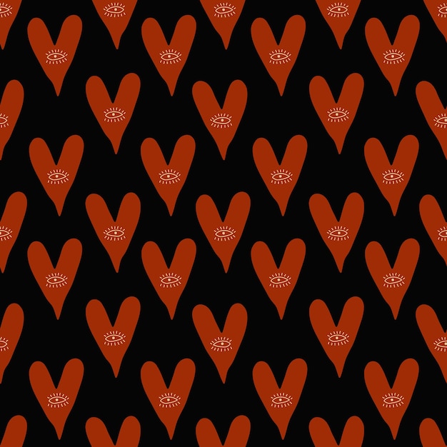 El corazón, el ojo, el patrón sin costuras, el patrón esotérico abstracto, el corazón rojo sobre un fondo negro.