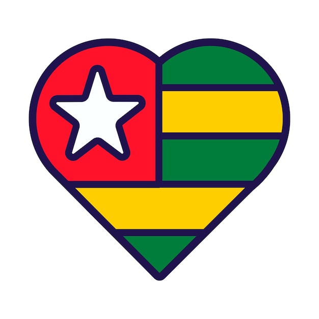 Corazón patriota en los colores de la bandera nacional de Togo Atributos de elementos festivos del Día de la Independencia de Togo Icono de vector de dibujos animados en los colores nacionales de la bandera del país aislado sobre fondo blanco
