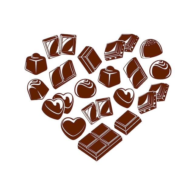 Corazón de piezas y caramelos de barra de chocolate. trufa de chocolate y bombón con praliné
