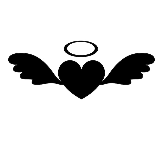 Corazón plano vectorial con alas de ángel y nimbo