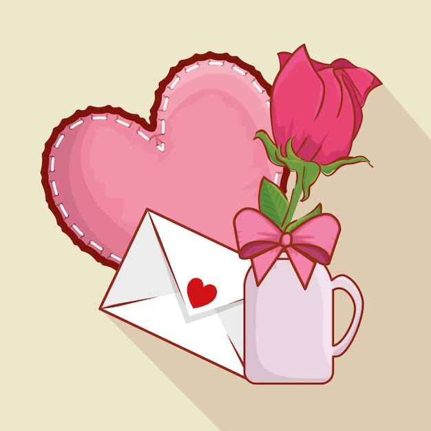 Corazón con planta de rosa dentro de florero y tarjeta de amor.